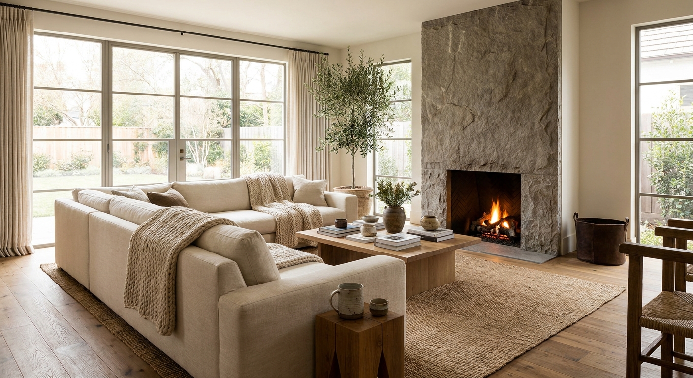 Elegant renovated living room with fireplace